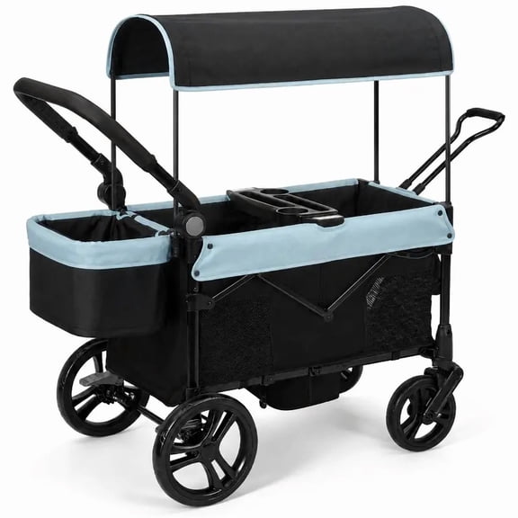 COFUNOK 2-Seater Wagon Stroller with Canopy, All-Terrain Wheels, Safety Harness, Storage Basket, Cup Holders, Portable Outdoor Wagon Stroller for Kids, Beach, Park, Picnic, Travel, Blue