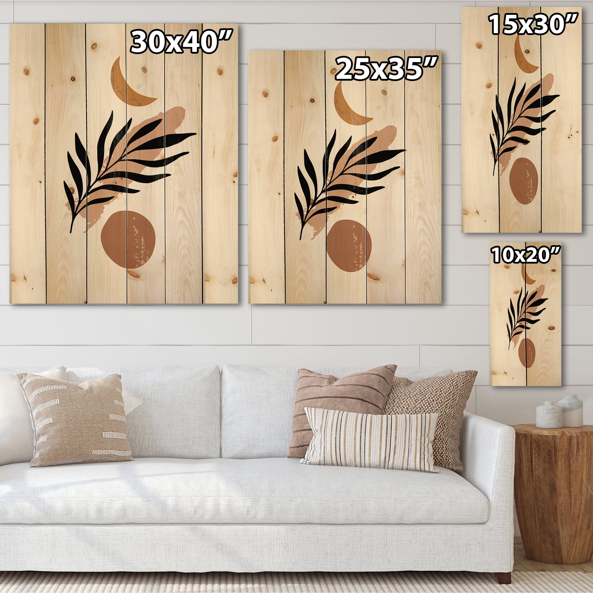 Designart 'Abstact Tropical Palm Leaf, Minimal Sun And Moon I' Modern Print on Natural Pine Wood
