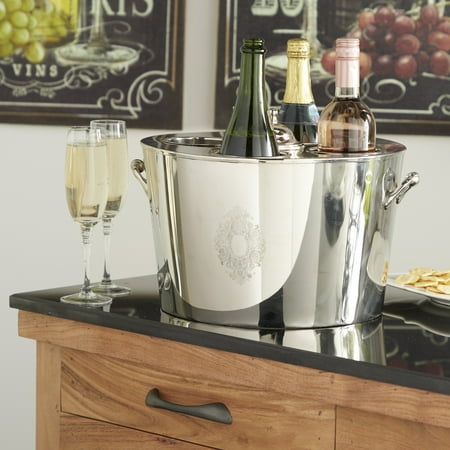 DecMode Traditional Large Oval Silver Metal Wine Bucket Bottle Cooler with Handles, 15&rdquo; x 10&rdquo;