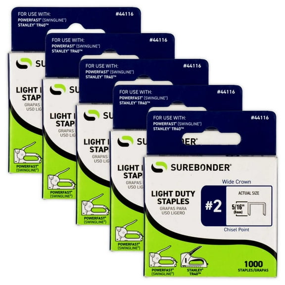 Surebonder 44116 #2 Light Duty Wide Crown Staples - 5/16" Length - 1000/box, 5 Pack