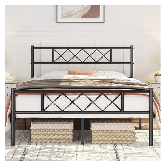 Wrought Iron Full Bed Frame,Metal Black Platform with Headboard and Footboard,Mattress Foundation,No Box Spring Needed,Strong Slat Support