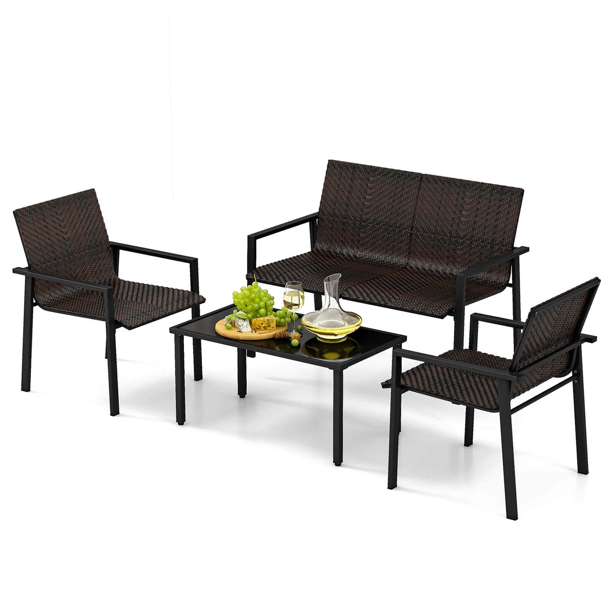 Costway 4 PCS Outdoor Wicker Patio Furniture Set with Heavy-Duty Galvanized Metal Frame Mix Brown