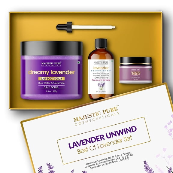 Majestic Pure Lavender Essential Oil & Body Scrub Set | 100% Pure & Natural Gift Set | Relaxing & Stress relief | pack of 3