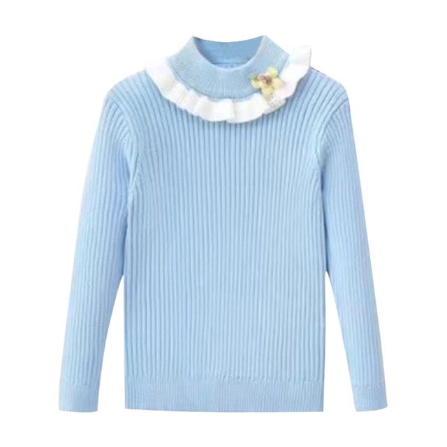 2025 Girls Sweaters Kids Long Sleeve Solid Color Turtleneck Pullover Jumper Tops 3-7 Years Light Blue