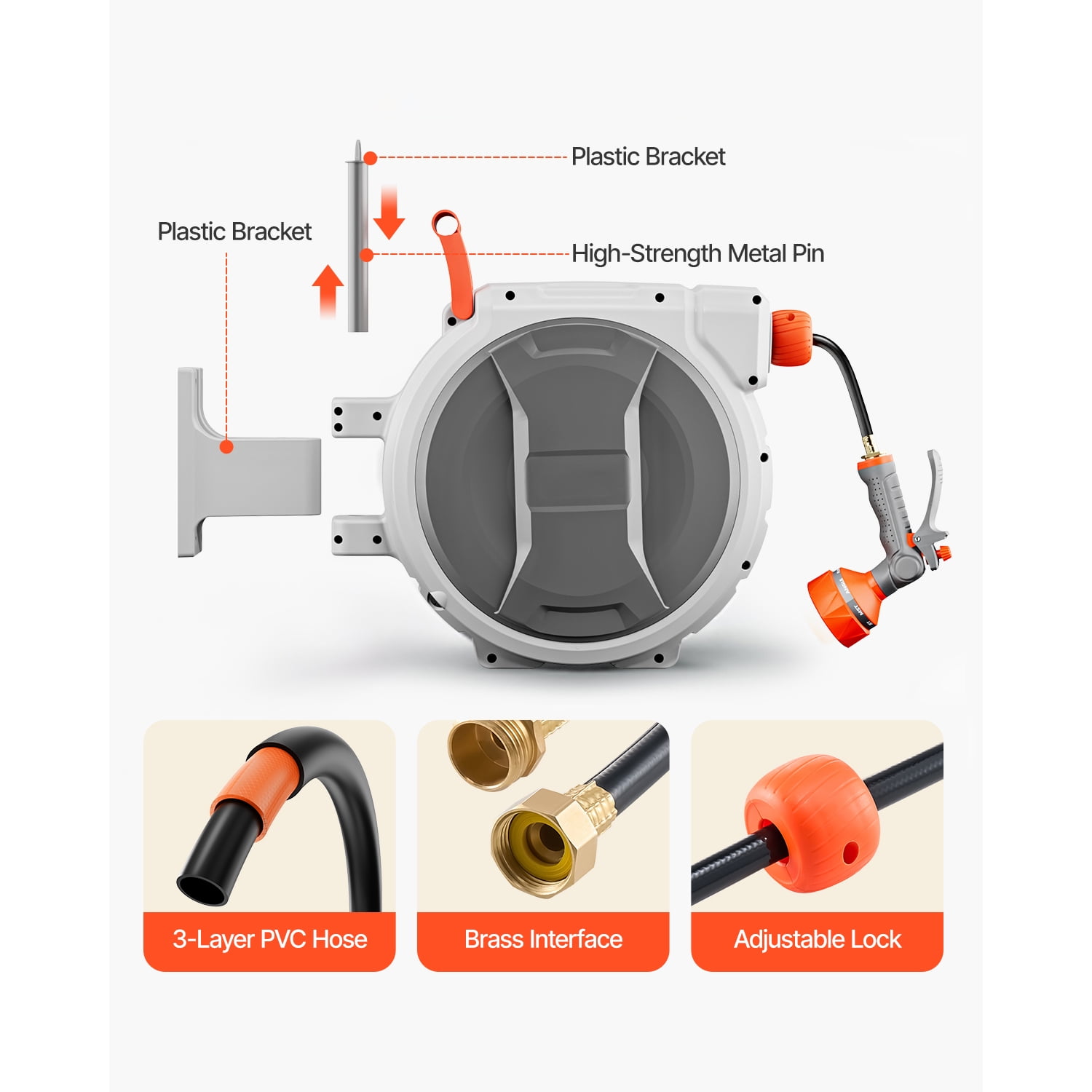 KFFKFF Retractable Hose Reel 65ft x 1/2in, Wall-Mounted Garden Hose Reel with 9-Function Nozzle, Lawn Watering Hose Reel 180° Swivel Bracket, Length Lock, Upgraded Slow Return System