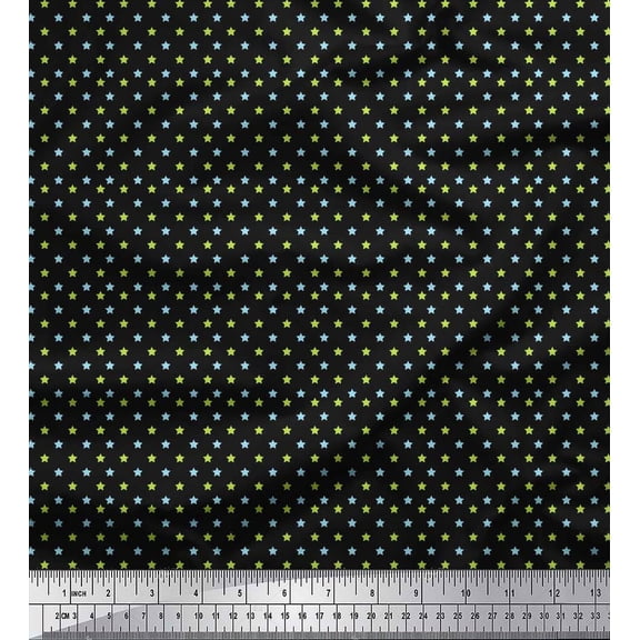 Soimoi Black Cotton Voile Fabric Green & Blue Star Printed Fabric 1 Yard 42 Inch Wide
