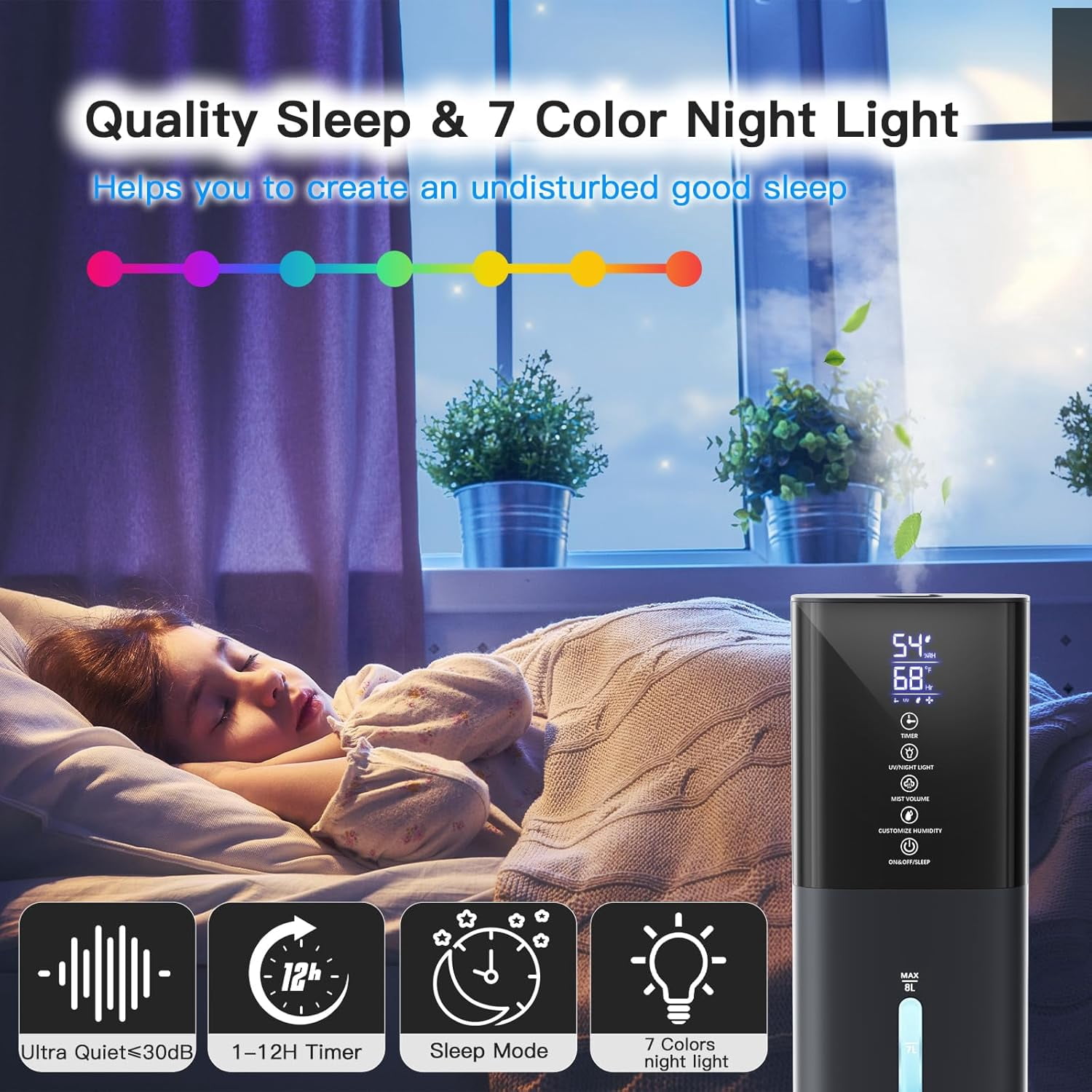 Humidifiers Large Room Bedroom with 7 Colors Light, 2.1Gal(8L) 3 Speed Quiet Ultrasonic Cool Mist Humidifier with 360° Nozzle, Humidity Setting, Timer,Aroma Box for Home Plant Baby Yoga Sleep (Black)