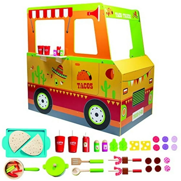 Taco Truck Wooden Playset, 30 Toy Pieces Including Cook Top, Steering ...