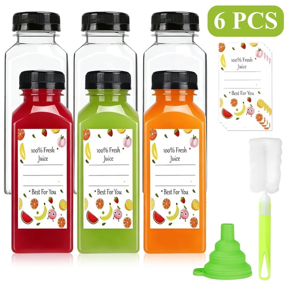 Aovky 6Pcs 12oz Plastic Juice Bottles with Caps, Reusable Clear Empty Drink Juice Containers with Lids, Juice Bottles for Juicing, Smoothies, Milk, Water, and Other Beverages