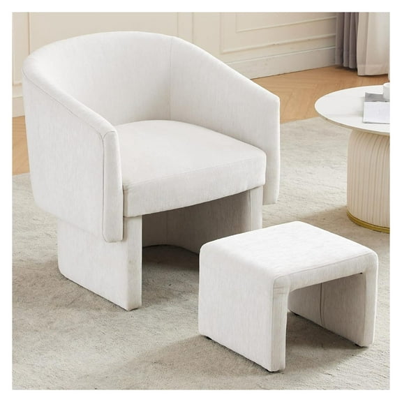 Living Room Chair with Ottoman Set, Modern Chenille Accent Chair with Footrest Upholstered Armchair Comfy Single Sofa for Bedroom Reading Space, Beige