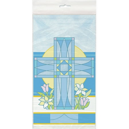 Plastic Blue Sacred Cross Religious Table Cover, 84" x 54"