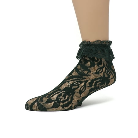 

EMEM Apparel Women s Ladies Lace Anklet Ankle Quarter Socks Stockings with Ruffle Hunter Green 9-11