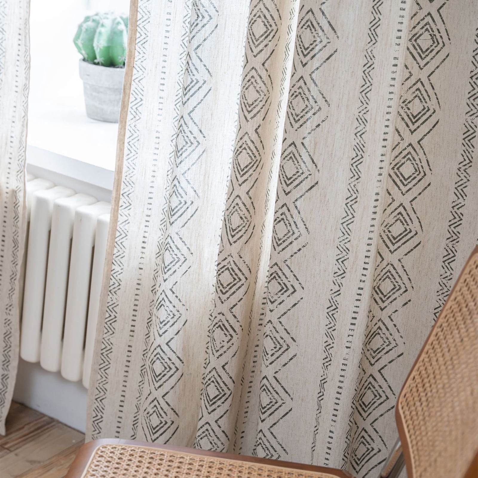 PixelForge Semi Blackout Linen Curtains Geometric Window Curtains 84 Inch Length Farmhouse Light Filtering Drapes for Living Room Bedroom 1 Panel,Beige