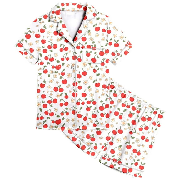 WRTFVZA Girls' Sleepwear Size 12-13 Years White ​​Toddler Girls Pajama Set Floral Print Short Sleeve Button Down Top Shorts 2PC Satin Sleepwear​​