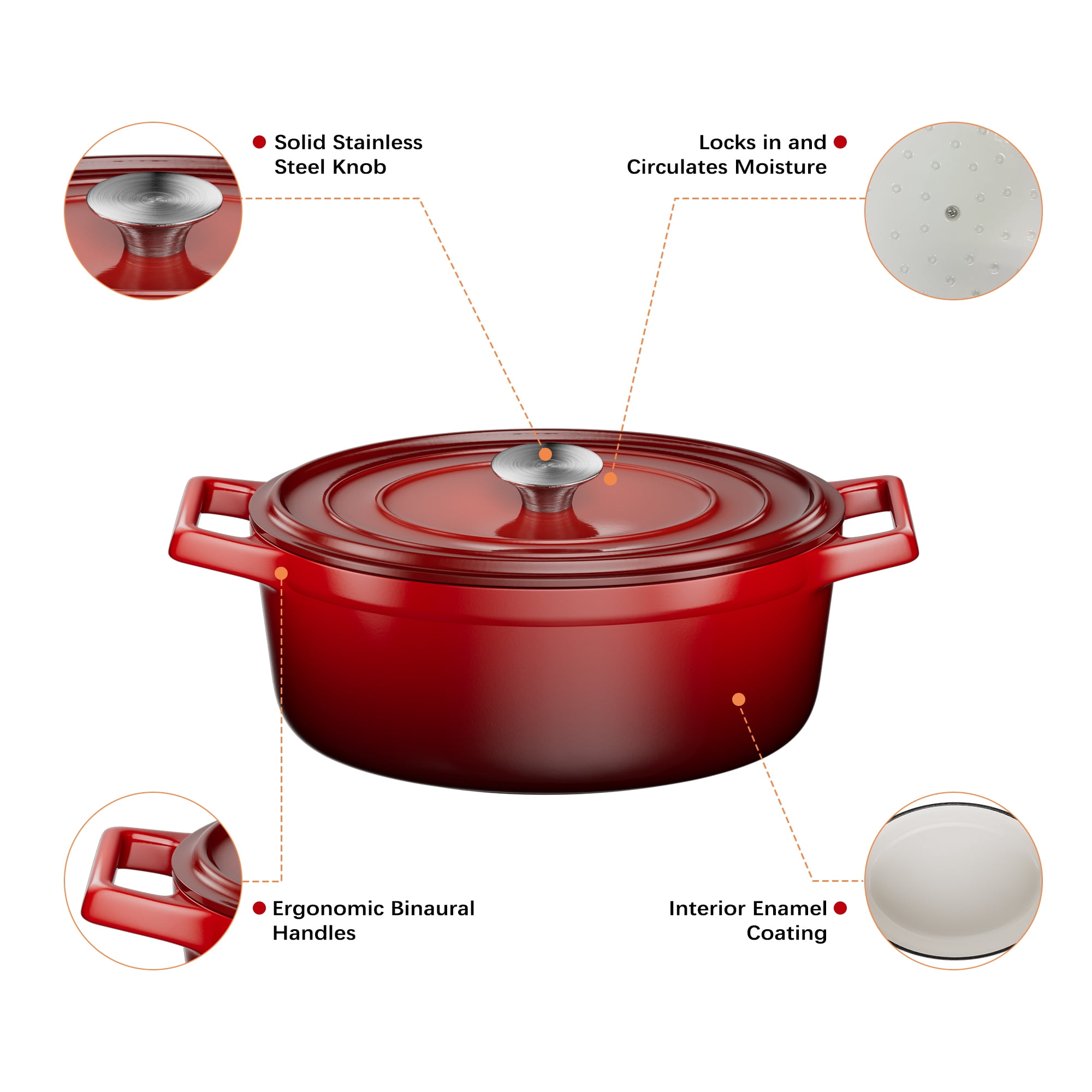 Ollieroo Dutch Oven, 4.5 Quart Cast Iron Dutch Oven, Enamelled Dutch Oven Pot with Lid, Dutch Oven for Bread Baking, Oval Dutch Oven for Baking,Roasting,Stewing,Grilling,Frying. Red