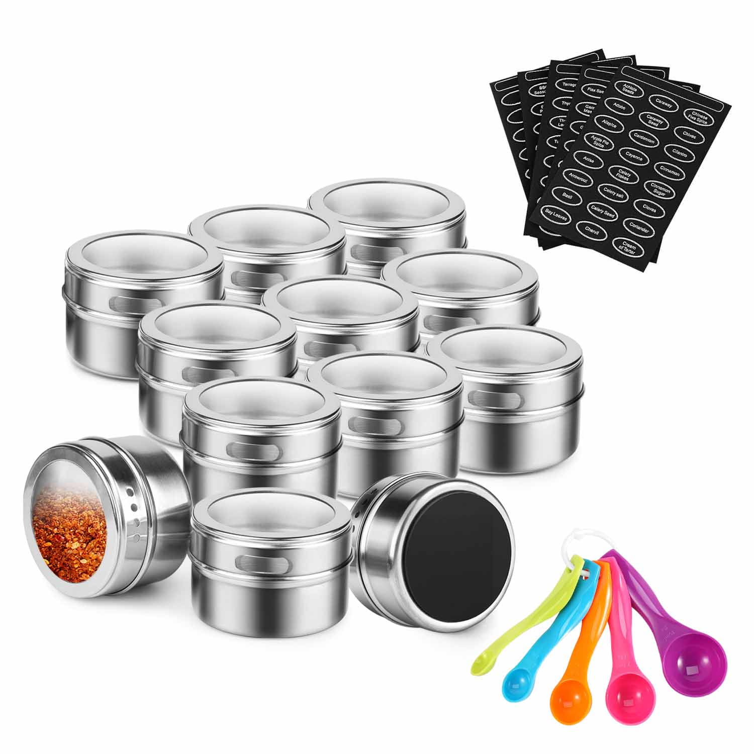Magnetic Spice Tins, Condiment Food Jars, Seasoning Storage Containers (3oz, 12 Pack) Clear Lids, Sticker & Measuring for Stainless Steel Wall Base, Hanging Rack Organizer - Walmart.com