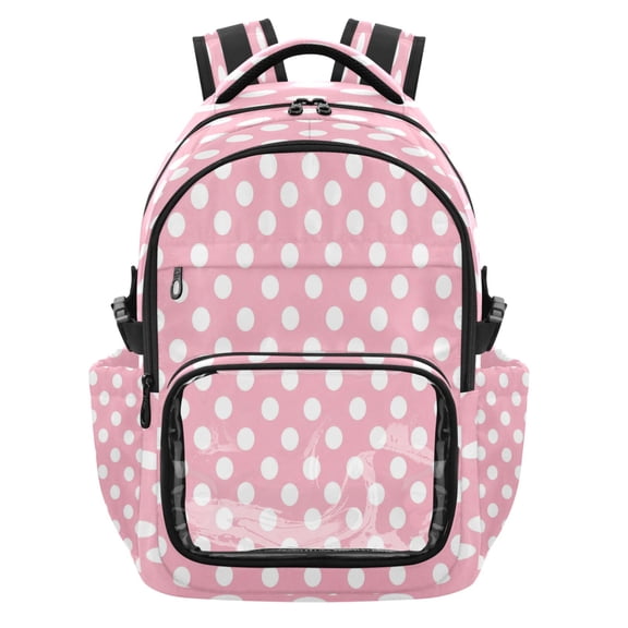 Qxltty Pink Dot Backpack School Bookbag with Clear PVC Front Pocket, Laptop Compartment, Water Resistant Travel Daypack for Students