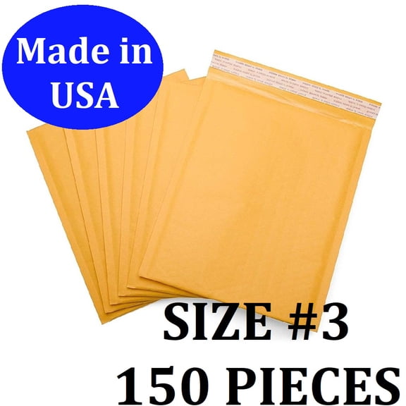 Size #3 (8.5"x13.5" Interior) Kraft Bubble Mailers with Self Seal- 150 QTY (Value Case) Fast Shipping From California!