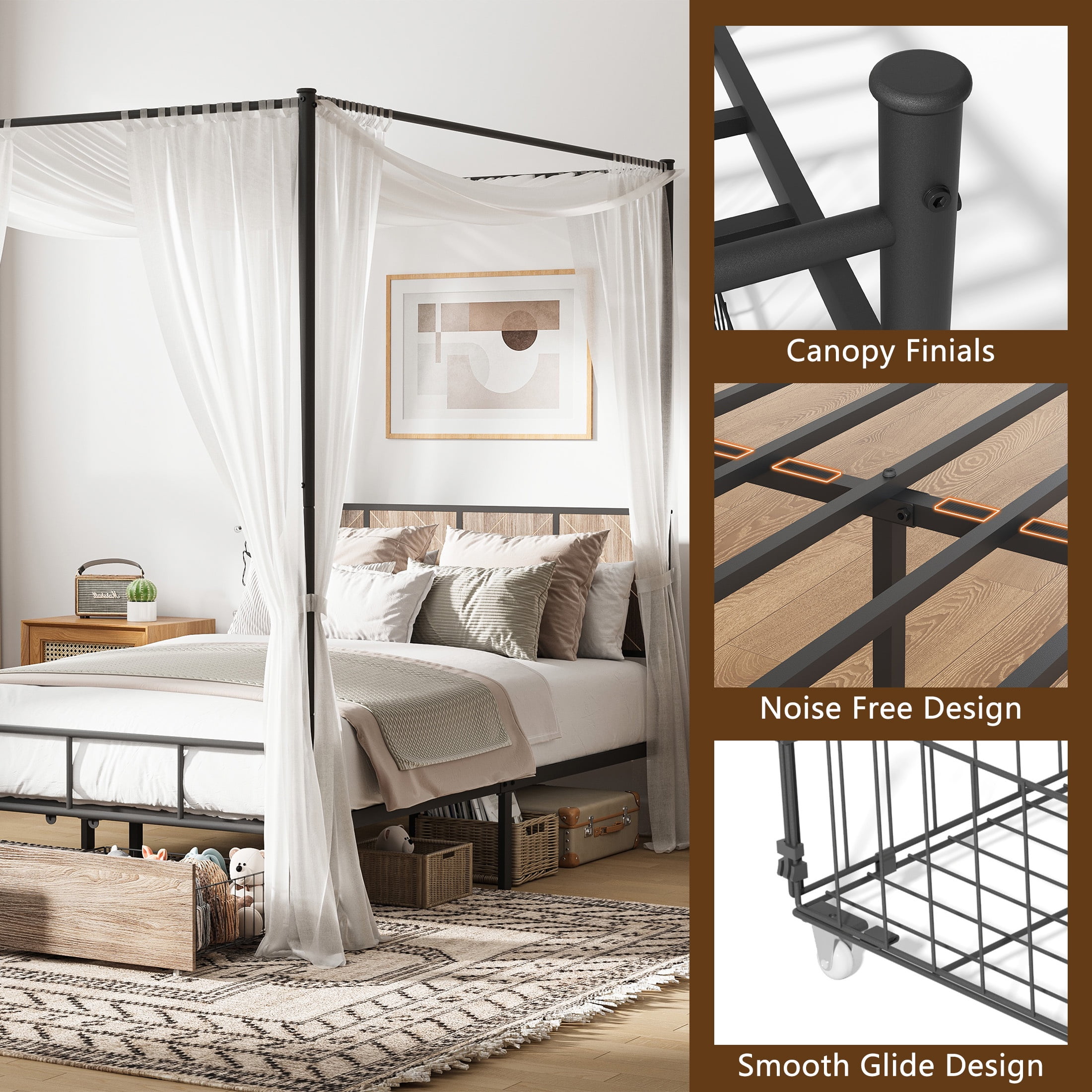 HSUNNS Full Bed Frame, Full Size Canopy Bed Frame with 2 Storage Drawers, Wooden Headboard and Footboard, Metal Platform Bed with Under-Bed Storage, No Box Spring Needed, Black+Brown