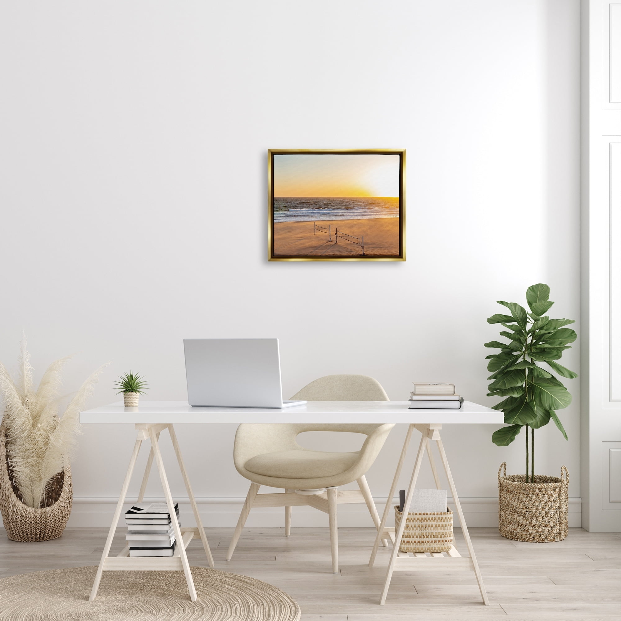 Stupell Industries Radiant Sunset Beach Volleyball Nets Ocean Shoreline Photograph Metallic Gold Floating Framed Canvas Print Wall Art, Design by Jeff Poe Photography