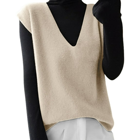 Baqcunre Womens Vest Top Trendy, Autumn & Winter Women's Knitted Sweater Vest Sleeveless V-Neck Pullover Vest Loose Top Soft Knitted Pullover Sweater 1Pc Vest Beige L
