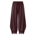 thumbnail image 5 of GEWSEY Women's Cropped Lace-Hem Pants High Waisted Drawstring Wide Leg Pants Casual Lightweight Trousers with Pockets (Brown, S), 5 of 6