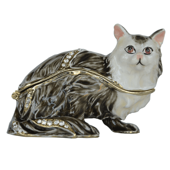 Jeweled Kitten Cat Hinged Trinket Box Metal Figurine Collectible Home Decor