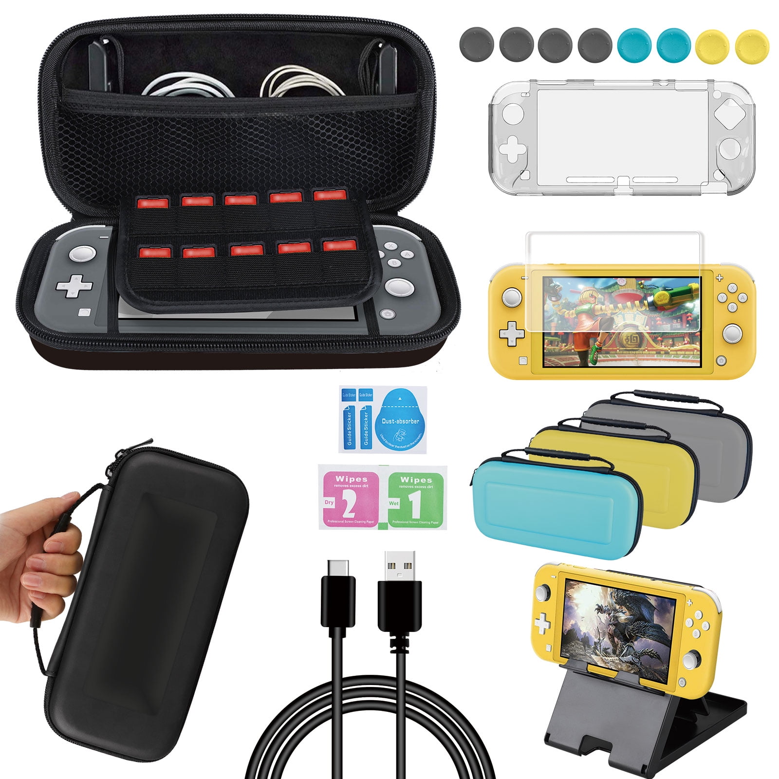 Accessories Kit for Nintendo Switch Lite, EEEkit Accessories Bundle with Carrying Case, Protective Cover Case, Tempered Glass Screen Protector, Adjustable Play Stand, Thumb Grips, Type-c Cable
