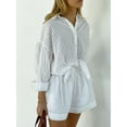 thumbnail image 4 of Women'S Summer 2 Piece Sets Striped Puff Sleeve Button Down Shirts Tops Matching Shorts Sets Casual Outfits White S, 4 of 9