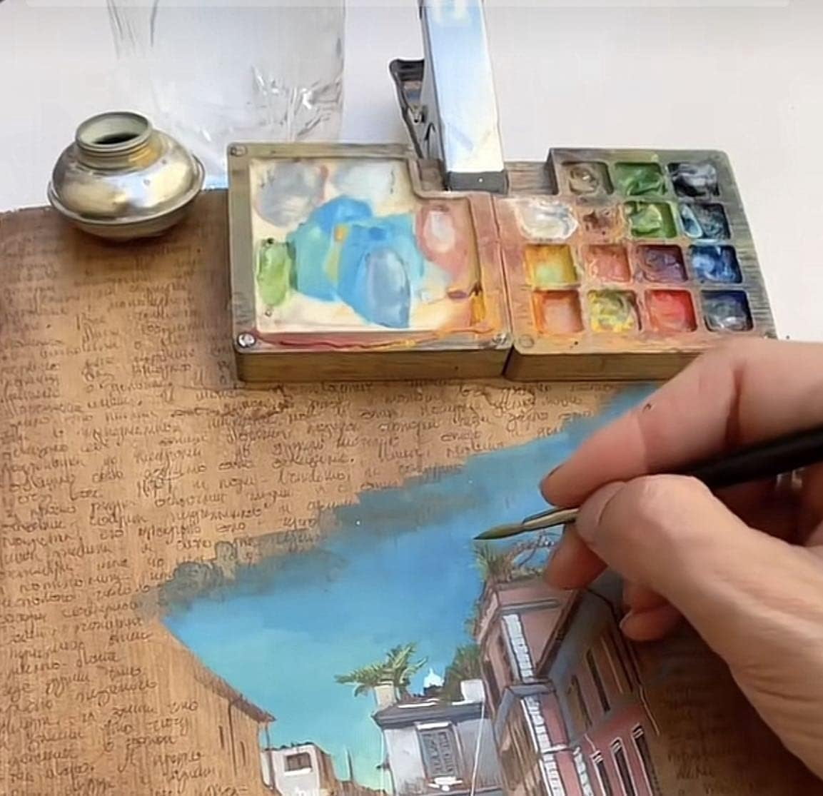Portable Sketchbook 15 Grids Wooden Mini Travel Paint Magnetic Box for Watercolor Painting, Acrylic Painting Paint Saver with Lid and Mixing Tray