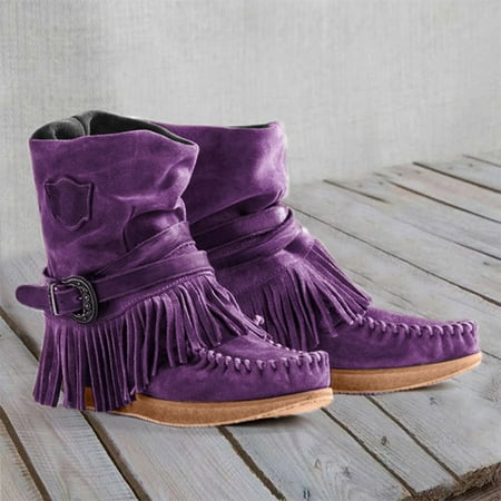 

Homchy Shoes Women Fashion Casual Round Toe Retro Fringe Short Boots Flat Shoes