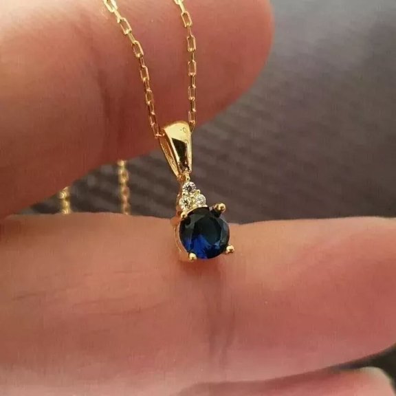 2 Ct Lab Created Blue Sapphire Solitaire Necklace Pendant 14K Yellow Gold Plated