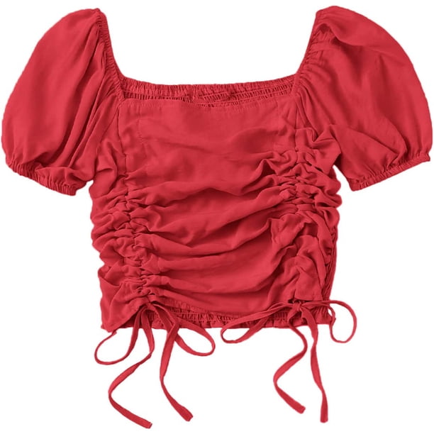 Blusa corta de manga corta abombada con cuello cuadrado y cordón para mujer Rojo G Rojo G Xishao ropa
