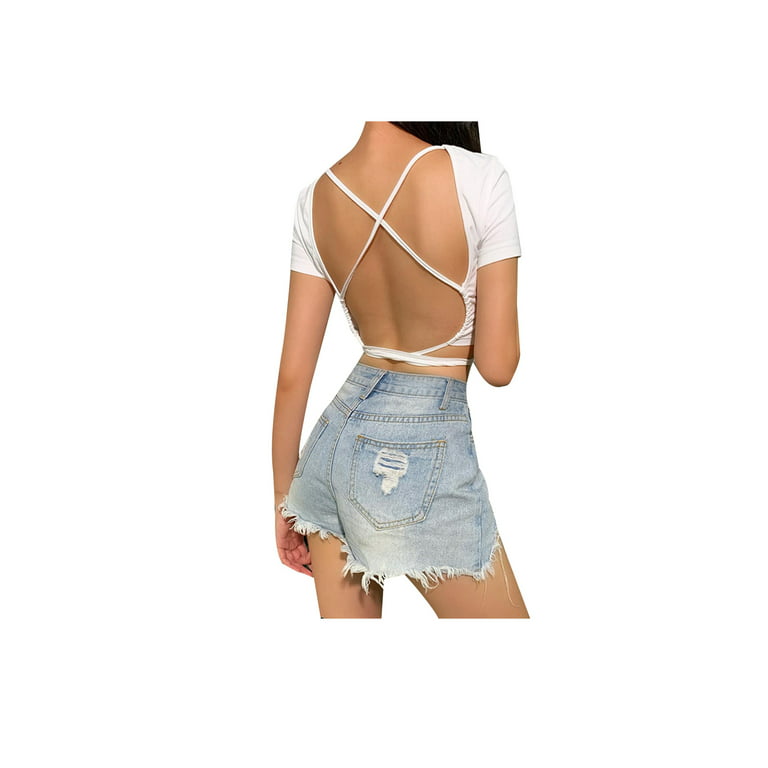 V Neck Backless Top, Breathable Wide Strap Short Buckle Colorful Backless  Strap Top For Party For Women Blue 