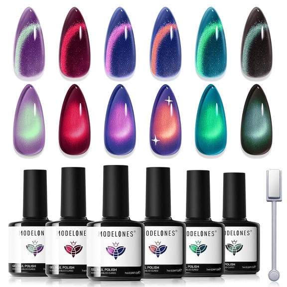 modelones Glitter Cat Eye Gel Nail Polish Kit with Magnet, 6 Colors Blue Green Purple Brown Red Orange Colorful Holographic Nail Polish Set, UV Cure Gel for DIY Manicure at Home Gift for Women