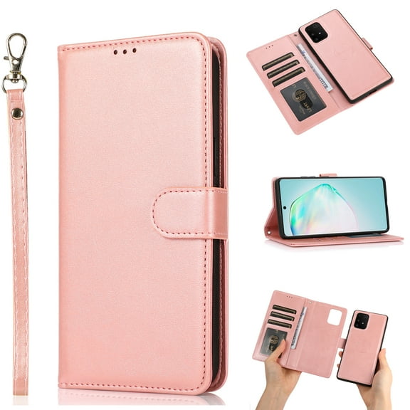 Wallet Case Compatible with Galaxy A42 5G, Allytech Slim Detachable Magnetic Closure Flip Pouch Kickstand Wrist Strap Card Holder Protective Case for Samsung Galaxy A42 5G 6.6" SM-A426, Rosegold