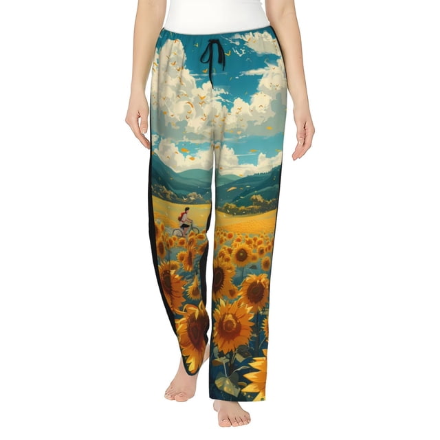 Fotbe Field Style Bicycle Young Sunflower Pantalones de Pijama para Mujer, Pantalones de Dormir, Pantalones Pj con Cordón y Bolsillos-Large