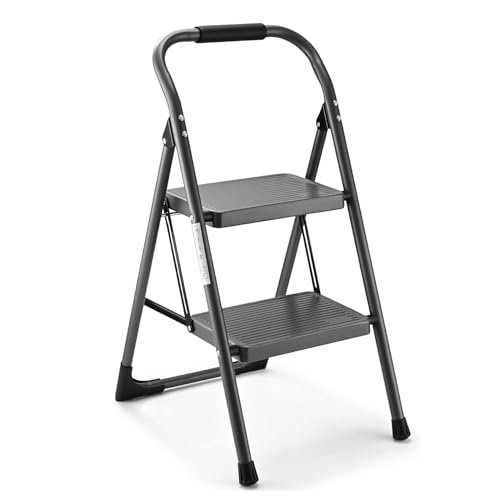 Step Stool for Adults,2 Step Ladder Folding 330lbs Anti Slip Step Stool,Foldable Ergonomic 2 Steel Stool with Wide Pedal for Home, Kitchen, Office (Gray)