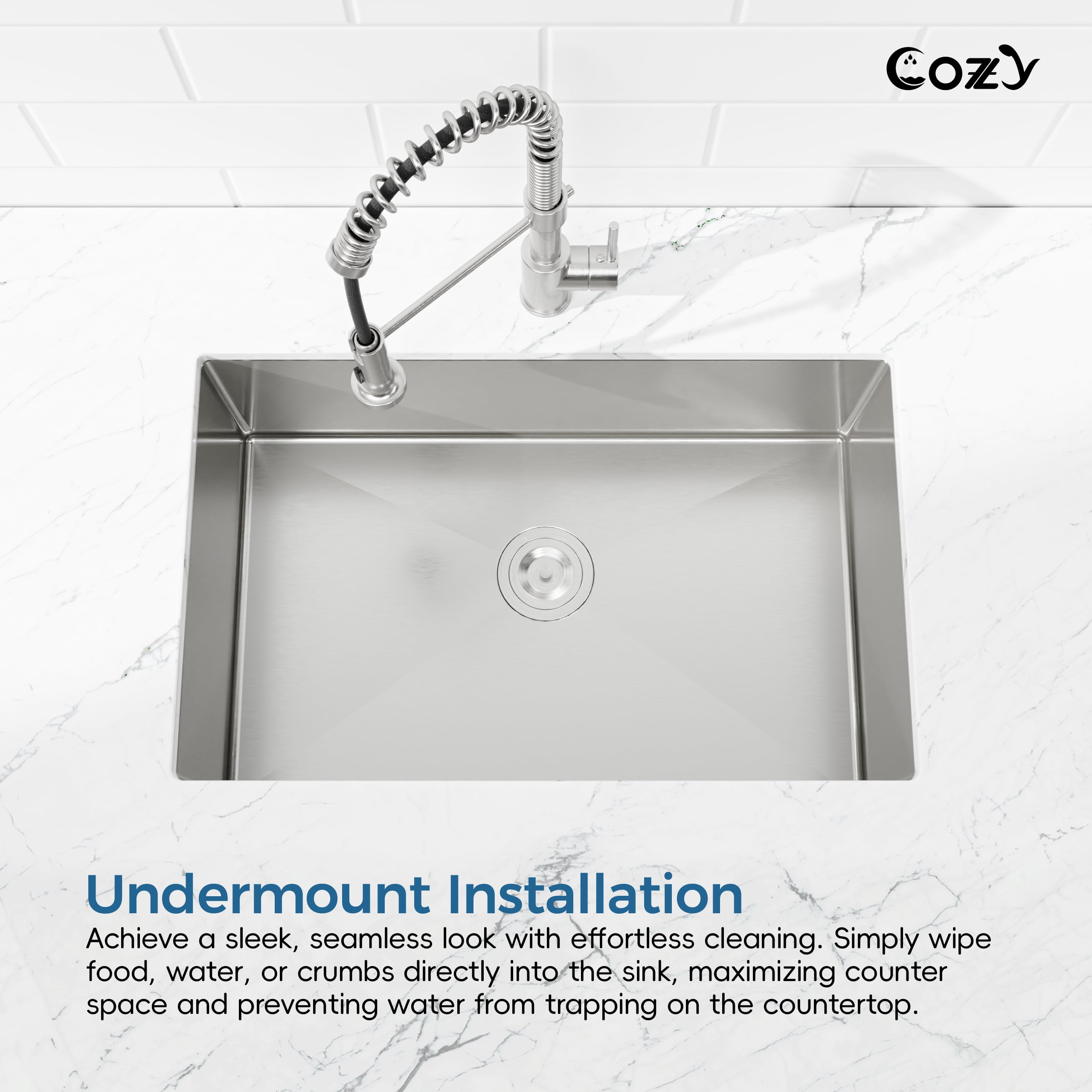 COZY 30″x19″ Stainless Steel Kitchen Sink, Drop In Single Bowl, Undermount Handmade Sink in Brushed Nickel, with US Standard Drain and Hook, SS-BR04D-301908