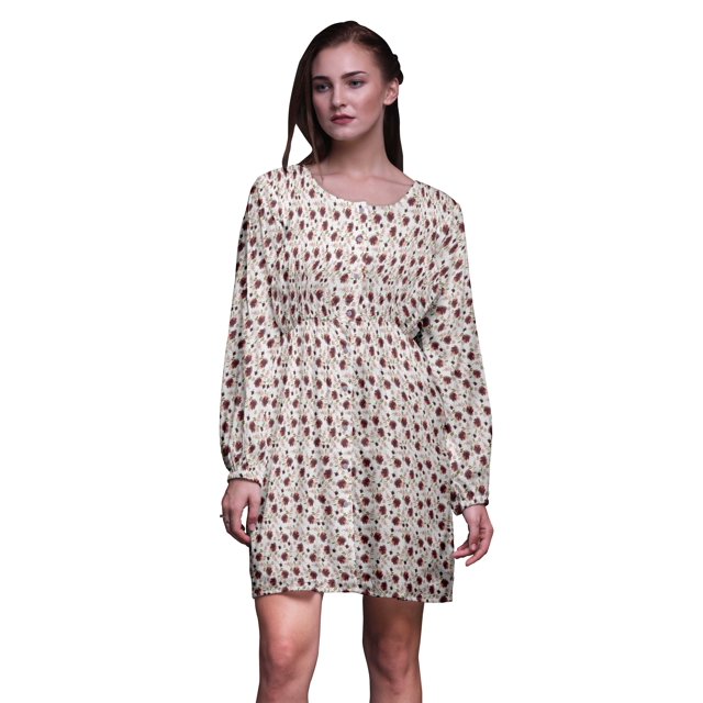 Bimba Robe Midi à Boutons à Feuilles Blanches et Chrysanthèmes Floraux pour Femme Tunique à Manches Longues Haut Smocké - Grand