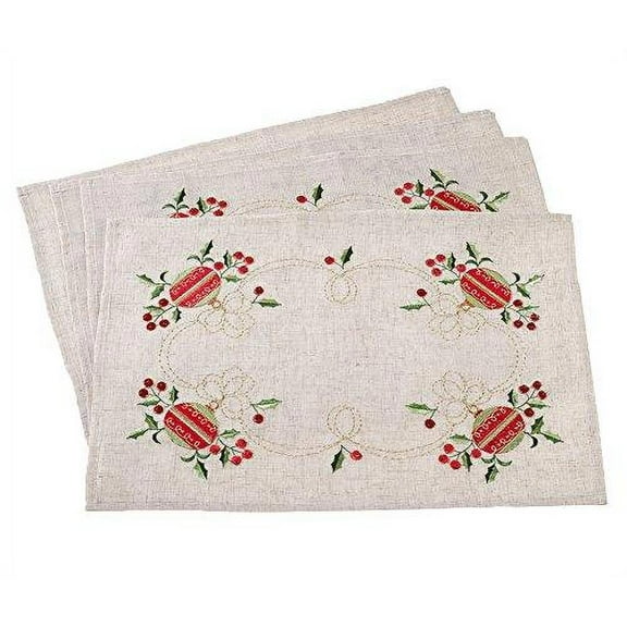 Fennco Styles Embroidered Ornament Design Christmas Holiday Linen Blend Table Placemat (14"x20" Placemat-Set of 4)