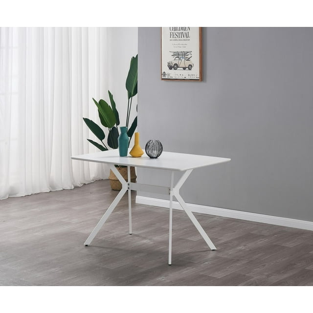 K-Living Nash white powder coated metal dining table with anti-scratch surface, styled with decorative vases on top in a bright modern room.
