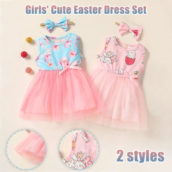 Cowsor Baby Girl Easter Sleeveless Bunny Print Romper and Skirt Set Soft Cotton Casual Outfit 80-120 Sizes 6 Months-4 Years