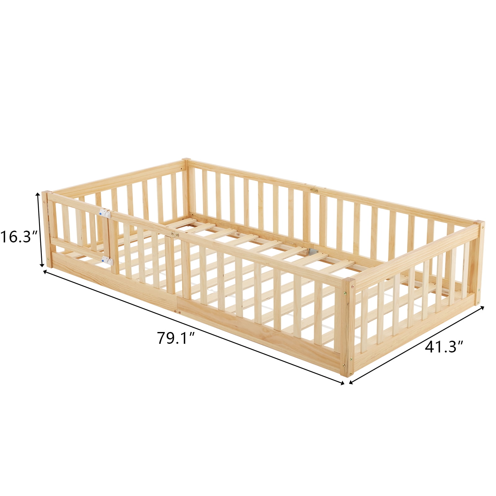Zimtown Montessori Floor Bed Frame, Twin Size Bed with Fence and Door, Wooden Platform Bed, Natural Color