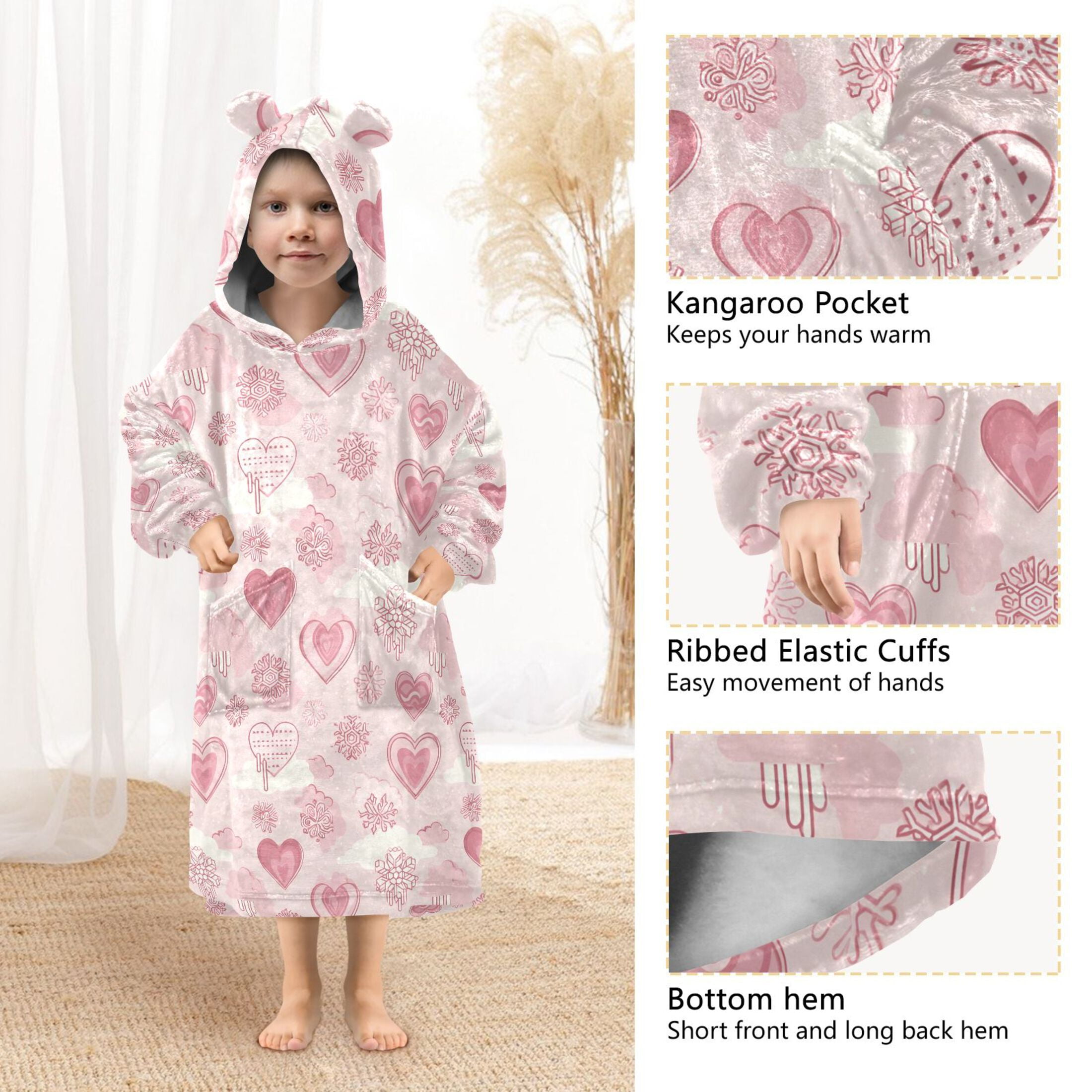 Wearable Blanket Hoodie for Kids Minimalist Hart Shape Flannel Hooded Blanket with Pockets and Sleeves Suitable for Boys and Girls