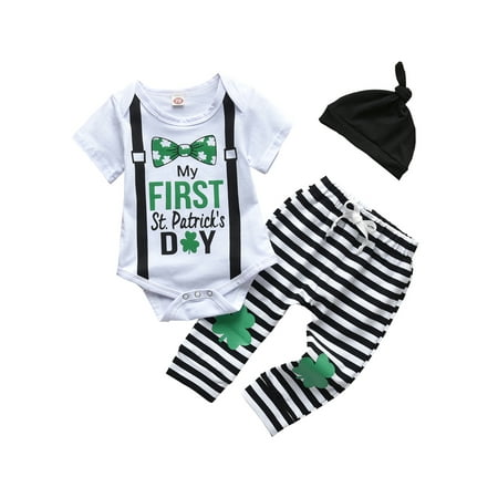 

Yuemengxuan Baby s Clothing Set Print Short Sleeve Romper and Stripe Pants and Hat Three-piece Suit for St. Patrick s Day Birthday Party