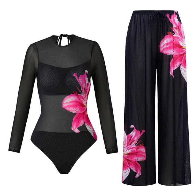 Traje de baño tankini de manga larga con cuello redondo y estampado informal para mujer, traje de baño de dos piezas para mujer, trajes de baño tankini para mujer, traje de baño de 2 piezas para mujer