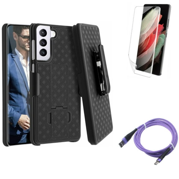 Case Belt Clip w 10ft USB Cable w Matte Screen Protector for Samsung Galaxy S21 Plus - Holster Swivel, Purple Type-C, TPU Film Anti-Glare Accessory Bundle