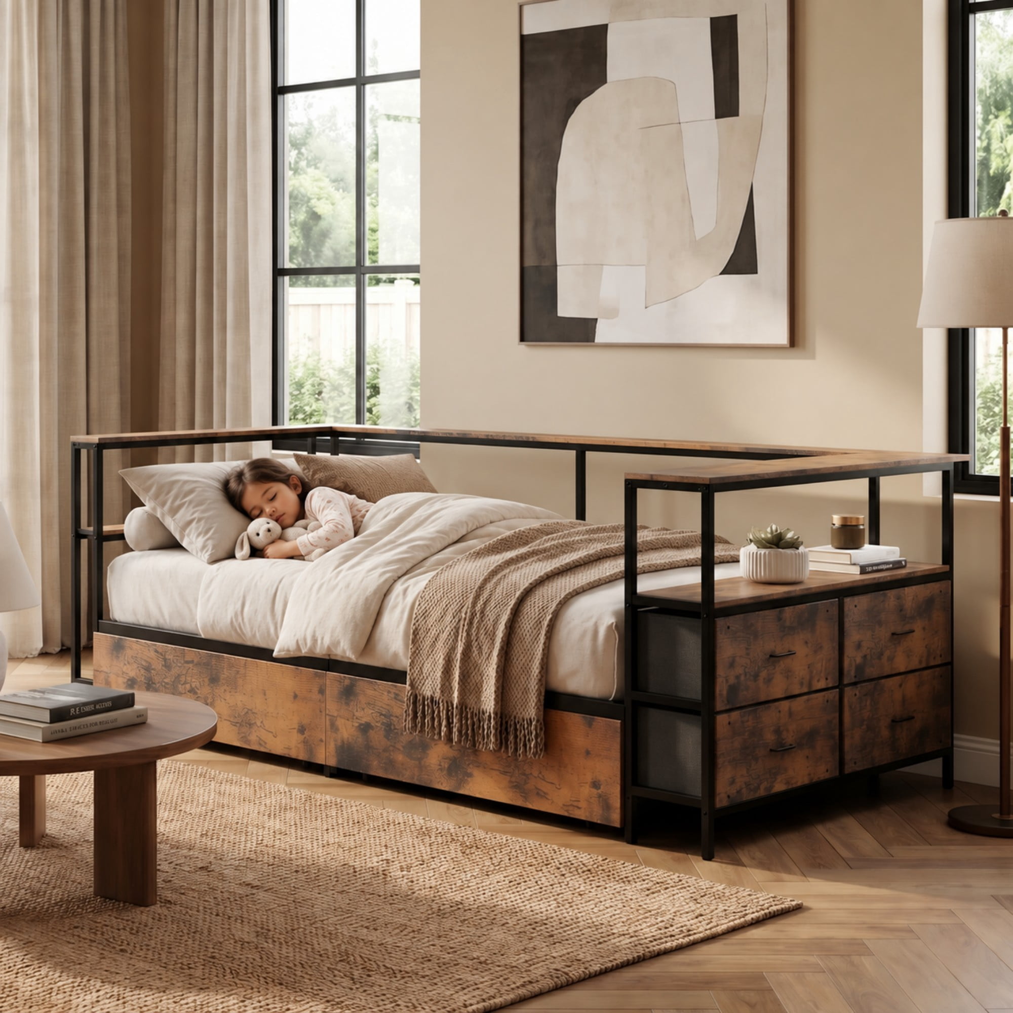 BSHTI Twin Size MDF & Metal Corner Bed Frame with Storage, Space Saving Bed Frame with Drawers, Reversible L-Shape for Bedroom（Black)