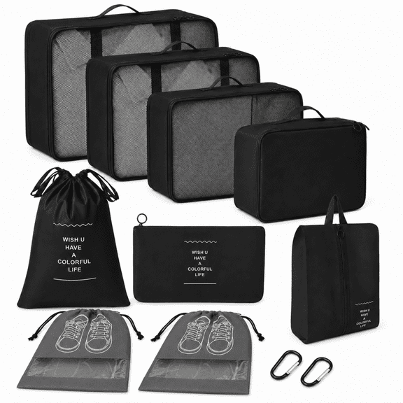 QXWPBV Oxford Cloth Packing Cubes for Travel with Shoe Bags, Black, 11-Piece Set